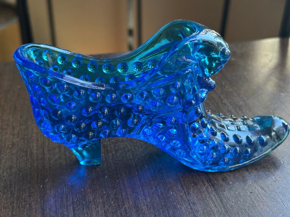 Vintage Fenton Art Glass Cobalt Blue Hobnail Cat Head Slipper Shoe